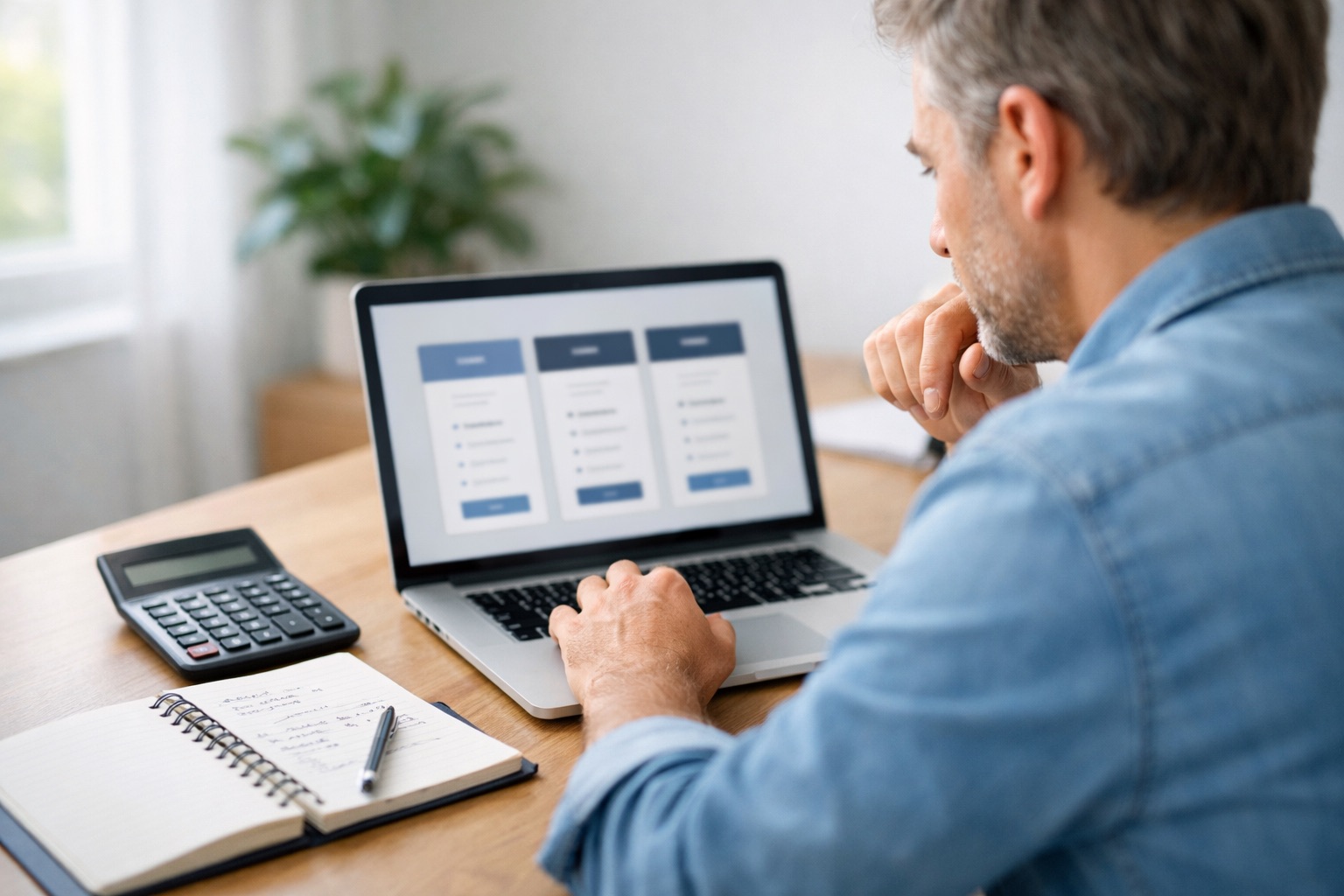 Small business owner reviewing website design costs on laptop with calculator and notebook